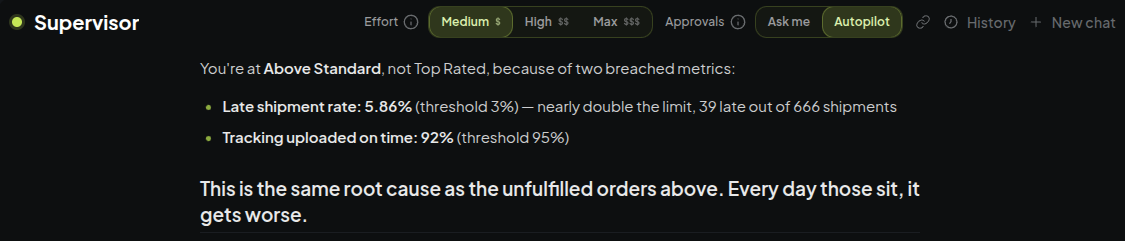 The agent explains that breached eBay shipping metrics trace back to unfulfilled orders