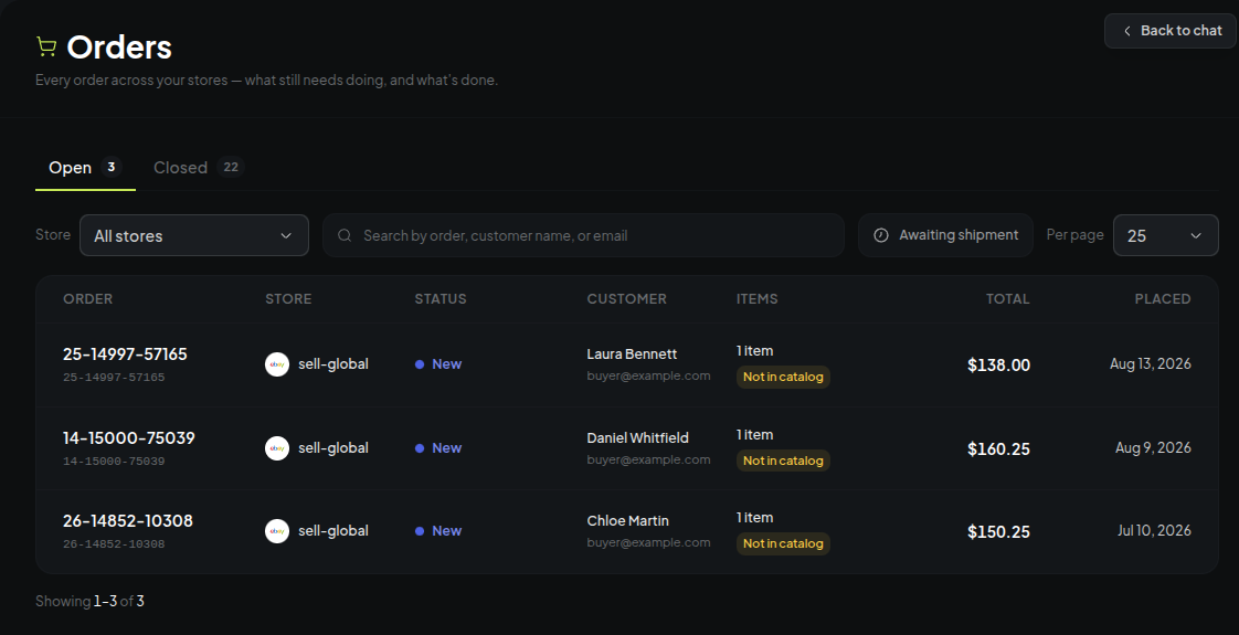 The orders list: three open orders against the closed ones