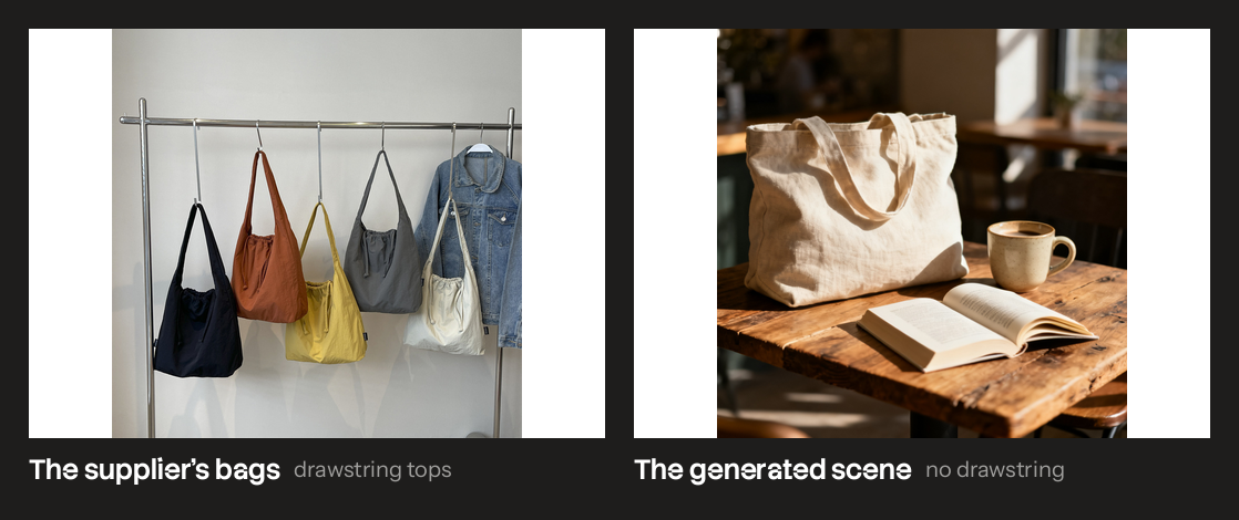 The supplier's photo of drawstring bags on a rack, next to a generated café scene with a plain tote